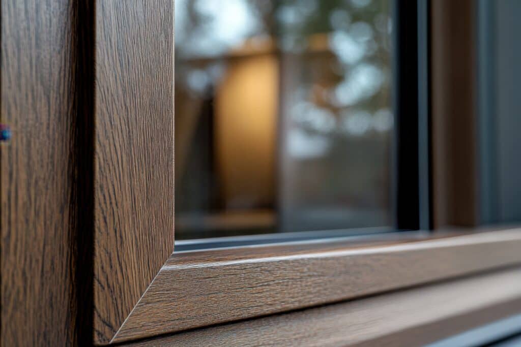 A close up of a dark brown wood grain window